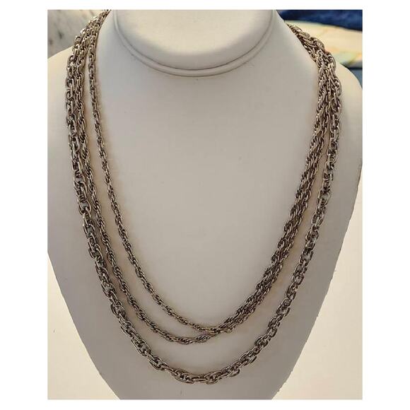 Vintage Silver Tone Triple Strand Rope Chain Necklace, 24" L - Picture 7 of 10
